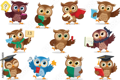 Cartoon owls with books, graduation caps, signs and charts, educational characters, school theme, learning icons, wisdom birds, academic illustration, playful classroom animals