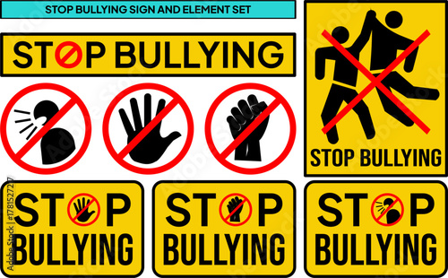 A set of warning signs to stop and prohibit bullying.