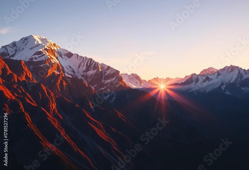 Majestic mountain range at sunset, reflecting golden light on snow-capped peaks, peaceful, exploration