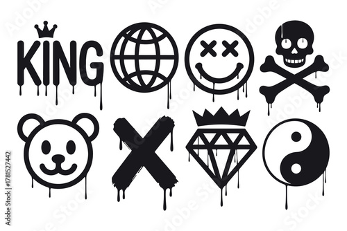 Graffiti style icon set featuring king globe smiley skull diamond bear and yin yang symbols