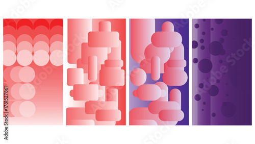 A collection of minimalist posters with geometric backgrounds in red, pink, and purple gradients. Versatile vector patterns perfect for posters, labels, and backgrounds with excellent text readability