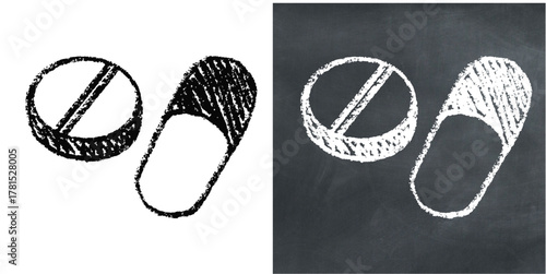 Chalk hand-drawn medicine pill vector. Ideal for pharmacy, drug, and health product themes. This graphic symbolizes prescription drugs, dosage, and treatment plans. Perfect for education.