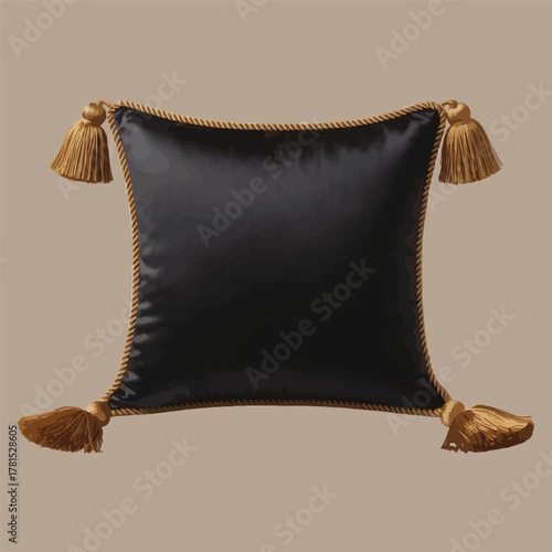 Luxurious black velvet throw pillow with elegant golden tassels on a clean neutral background