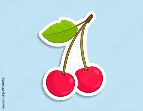 A vibrant, cartoonish illustration featuring two bright red cherries attached to a stem with a green leaf against a light blue backdrop