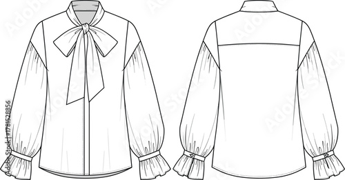 Technical blouse illustration, front and back views, bow tie neckline, voluminous sleeves, ruffled cuffs, fashion design sketch, garment construction, apparel flat drawing