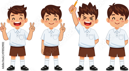 Cartoon boys in school uniform, peace signs and pencil pose, expressive student characters, classroom illustration, educational theme, playful mood, personality diversity
