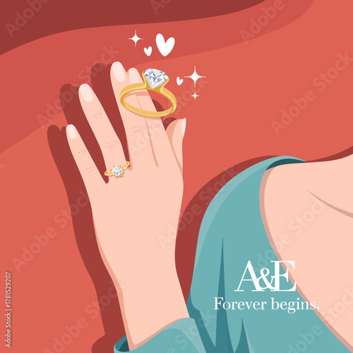 An aesthetically pleasing illustration represents two fine rings on a delicate hand, capturing a significant moment of love and celebration with soft glowing hearts.