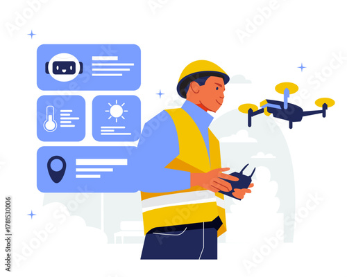 Engineer Operating Drone with Virtual Assistant for Site Analysis