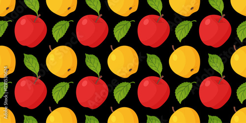 Seamless pattern with colorful red and yellow apples, on black background. Festive flat vector design perfect for wrapping paper, backgrounds, textiles, and healthy food decorations