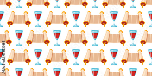 Seamless pattern rolled scrolls Torahs and wine glasses with red wine. Flat vector design perfect for Jewish holiday backgrounds, textiles, and religious themes. Vector illustration