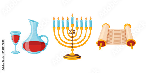Set of Jewish holiday elements golden menorah with candles, Torah scroll, carafe and glass of red wine. Festive flat vector design perfect for greeting cards, invitations, and educational materials