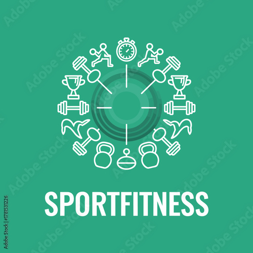 This motivational image presents symbols of fitness success and achievements with workout equipment arranged in a harmonious layout against a refreshing green backdrop.