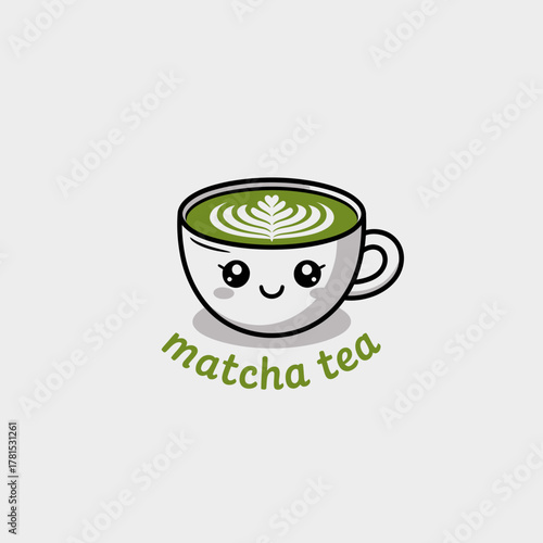 An animated cup of matcha tea smiles cheerfully with delicate latte art, emphasizing a playful representation of the soothing and energizing qualities of the drink.