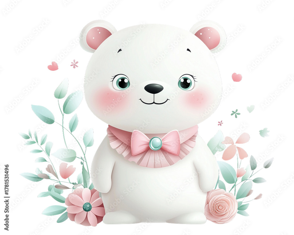 Obraz premium Cute adorable happy smiling cartoon polar bear illustration with pink ruffle