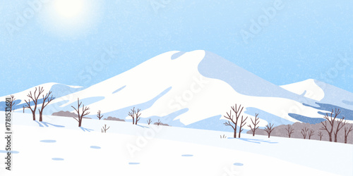 Illustrations of winter snow-capped mountains: snow-covered peaks, bare trees, and a clear blue sky. Winter snow scene poster