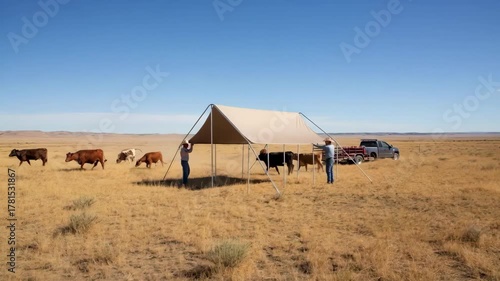 Portable cattle shade tent being set up in a remote grazing location providing flexible and temporary shelter against harsh sun exposure.