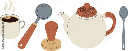Coffee Cup, Teapot, Spoon, and Kitchen Utensils vector illustration