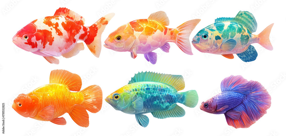 Fototapeta premium Colorful Collection of Isolated Transparent Fish on White Background