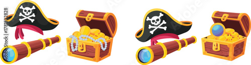 Pirate treasure chest spyglass and skull hat on white background gold coins