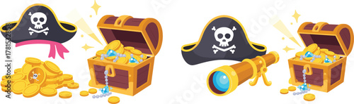 Pirate treasure chest with gold coins and skull hat on white background vector illustration