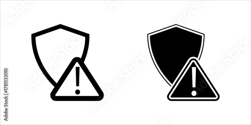 Security Warning Shield and Exclamation Mark Icon  set.A bold black and white vector icon representing a security risk, warning, alert, or compromised protection.