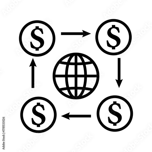 Global Money Flow International Transaction Icon A black and white vector icon illustrating global finance, international money transfer, or economic circulation. The design features a globe at the ce