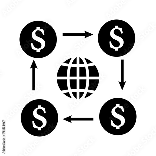 Global Money Flow International Transaction Icon A black and white vector icon illustrating global finance, international money transfer, or economic circulation. The design features a globe at the ce