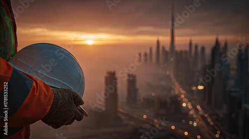 Construction Worker Holding Safety Helmet At Sunrise Over Dubai Cityscape