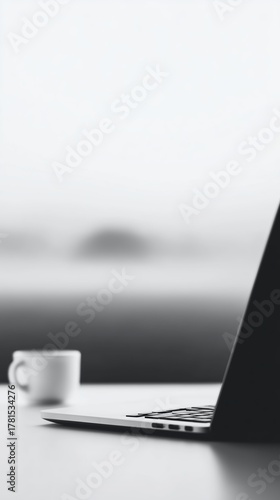 Laptop Coffee Moment stylish laptop rests wooden table alongside steaming cup coffee, evoking productive relaxed atmosphere