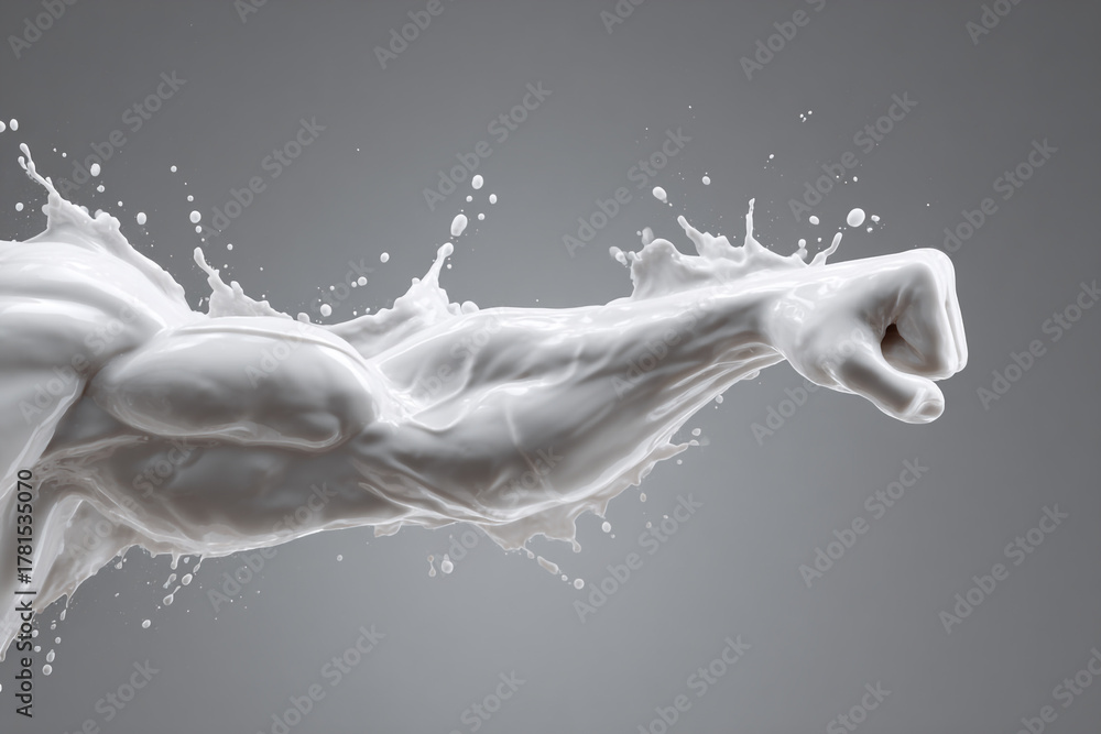Obraz premium Powerful muscular arm and clenched fist sculpted from dynamic white liquid splashes