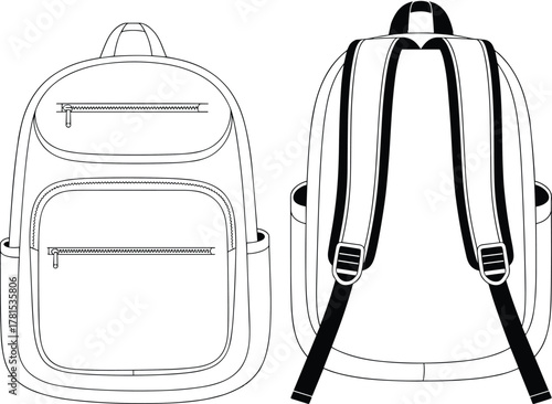 Backpack technical sketch, front and rear view, CAD drawing, vector illustration, fashion accessory, school bag, travel gear, silhouette design