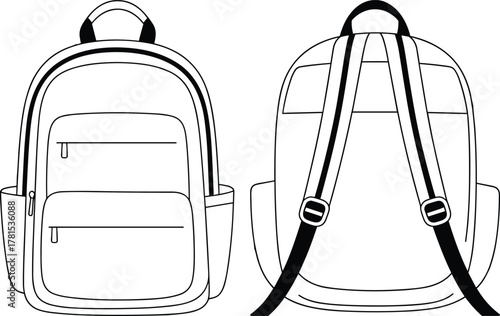 Backpack front and rear view, technical flat sketch, CAD drawing, vector illustration, fashion accessory, school bag, travel gear, silhouette