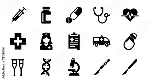 Collection of medical icons isolated on white background representing healthcare and medicine