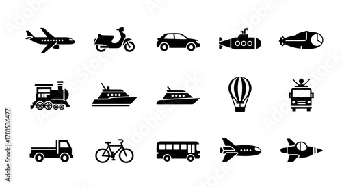 Transportation icons isolated on white background showcasing various modes of transport and travel