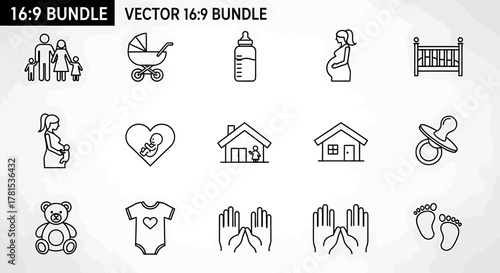 Collection of family and baby icons isolated on white background in a minimalist style