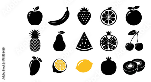 Collection of black fruit silhouettes, including apple, banana, strawberry isolated on white background