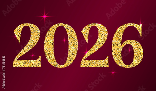 2026 Golden glitter number. Shiny elegant 2026 glowing digits isolated on dark background. Vector illustration