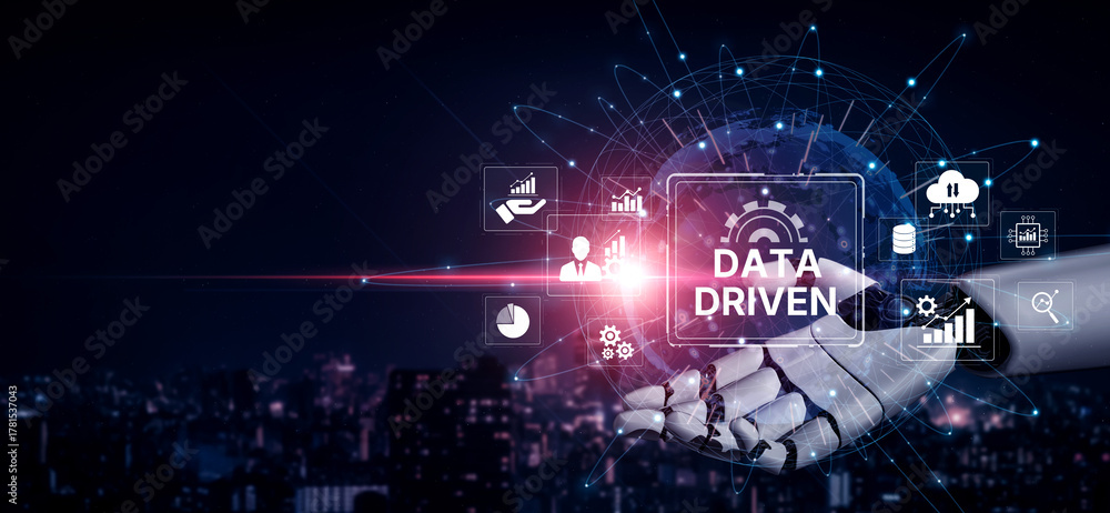 Obraz premium AI drives data-driven decisions with intelligent analytics, smart data visualization, and cloud-based tools that process, interpret, and guide strategic business moves. Artificial intelligence spline