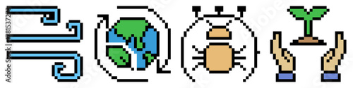 Set pixel green energy icons. Ideal for sustainability, renewable power, and eco-friendly tech. Perfect assets for a retro game or 8-bit interface focused on the environment.	