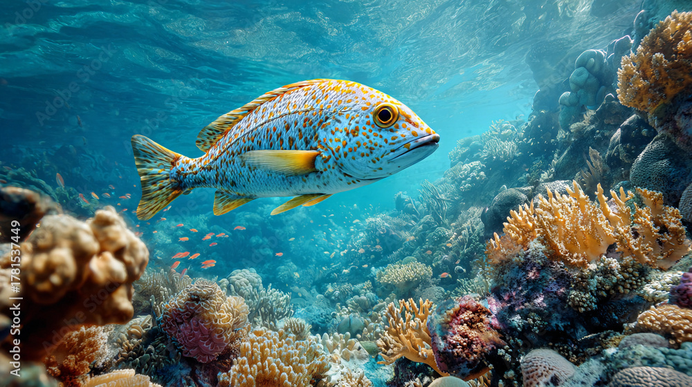 Fototapeta premium Colorful fish swimming through vibrant coral reef in clear waters
