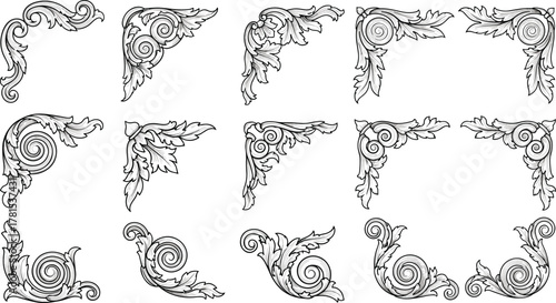 Ornate corner illustration, decorative scrollwork, leaf motif, classical design, baroque style, vector art, symmetrical embellishment, frame element, clipart, vintage