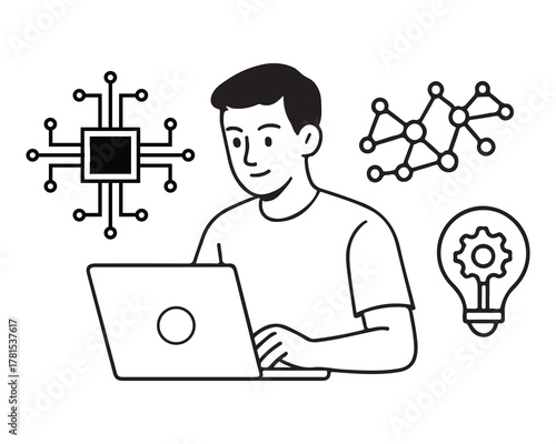 Tech innovator working on laptop with dynamic data networks and breakthrough ideas, perfect for startups and modern technology companies seeking innovation