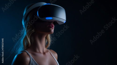 Virtual reality experience in a dark setting with a focused individual