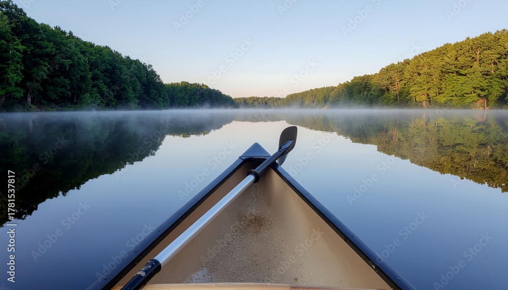 Naklejka premium Serene Morning Canoe Ride on a Misty Lake with Forest Reflections