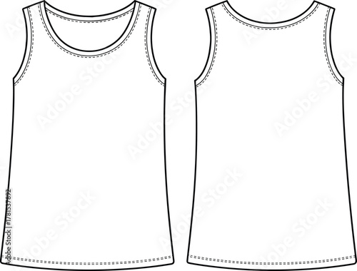 Sleeveless tank top flat sketch, scoop neck fashion template, front back view, technical garment drawing, apparel design