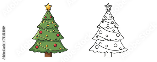 Vector illustration of an ornate colorful decorated Christmas tree with a star topper next to a black and white coloring book line art version