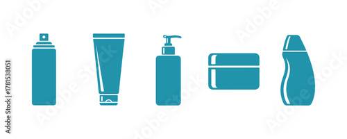 A collection of icons representing beauty, cosmetics, and personal care. Includes a bottle, jar, shower gel, face cream, body lotion, spray, ointment, and paste.