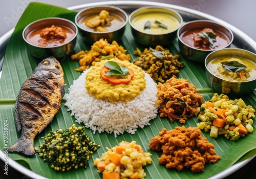 Delicious south indian fish thali meal served on banana leaf. Traditional kerala sadhya meal with rice, fish, and various side dishes on banana leaf