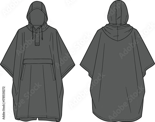Hooded poncho front view, back view, oversized fit, wide sleeves, kangaroo pocket, fashion sketch, cad drawing, vector illustration, flat vector illustration