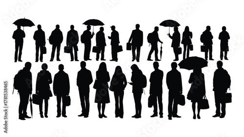 Diverse people silhouettes with umbrellas and bags isolated on white background, Vector